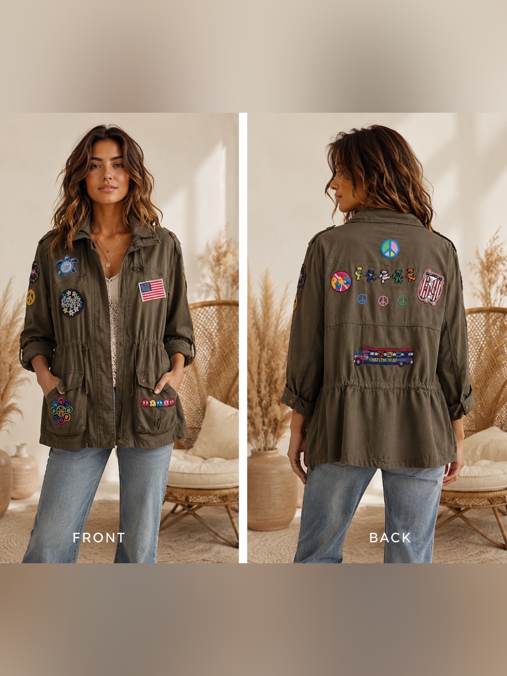Upcycled by Maevey J Olive Patchwork Hippie Festival Jacket
